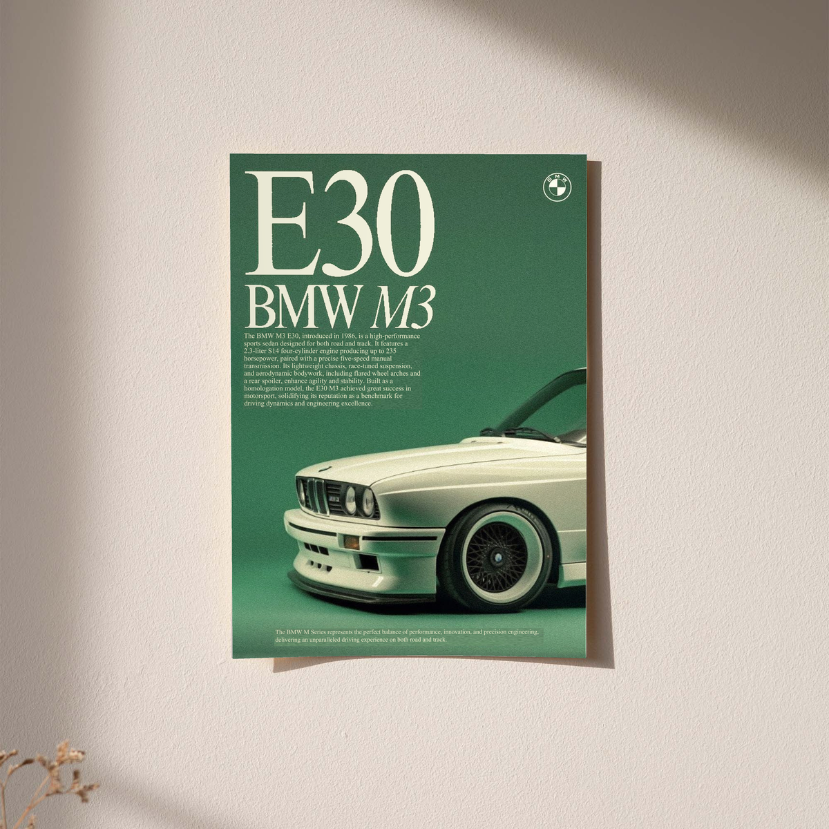 E30 BMW M3 car poster with mint front-view car on dark green background