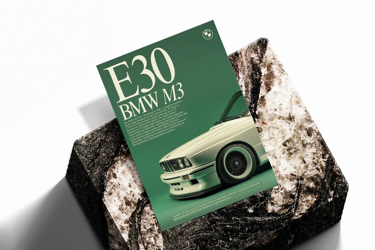 E30 BMW M3 poster sheet with mint front-view car on dark green background