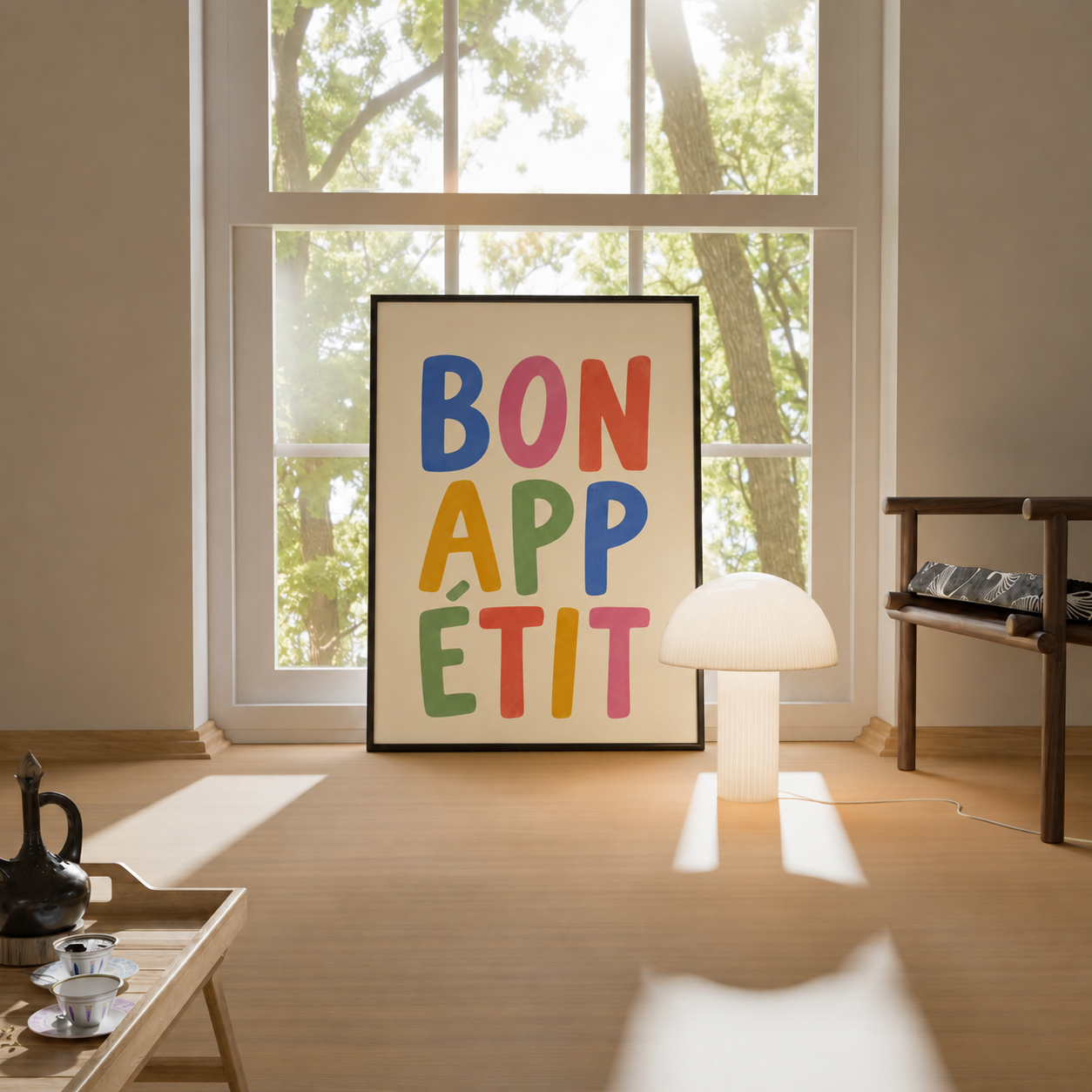 Black-framed typographic kitchen wall art with colorful BON APP ETIT lettering