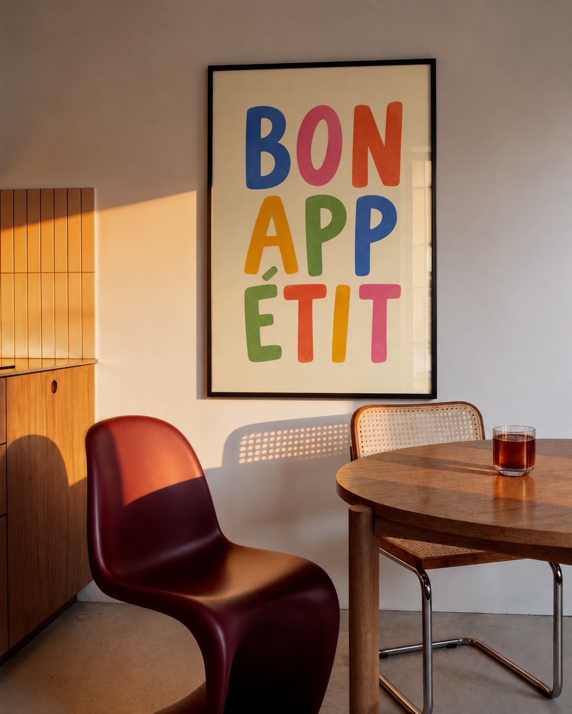 Black-framed BON APP ETIT wall print with stacked multicolor letters