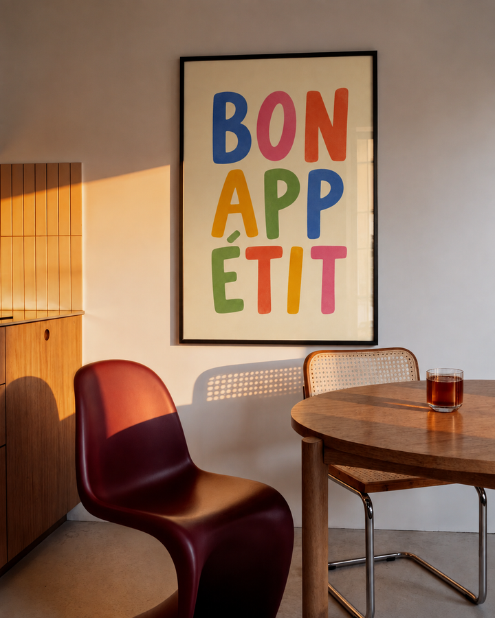 Black-framed BON APP ETIT wall print with stacked multicolor letters