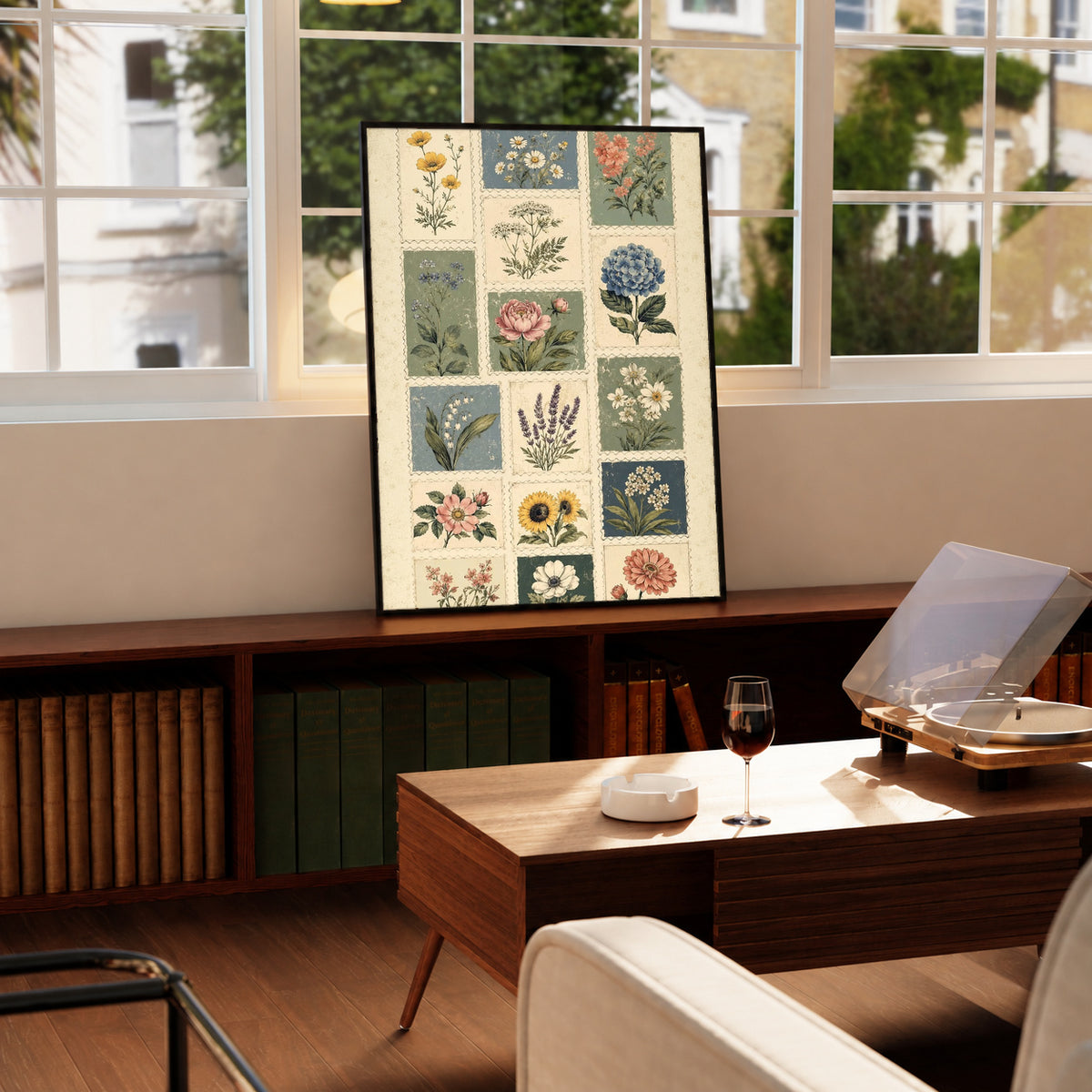 Patchwork of flower and leaf stamp style panels in sage blue pink and cream in a black frame on a wooden cabinet beside a window and record player