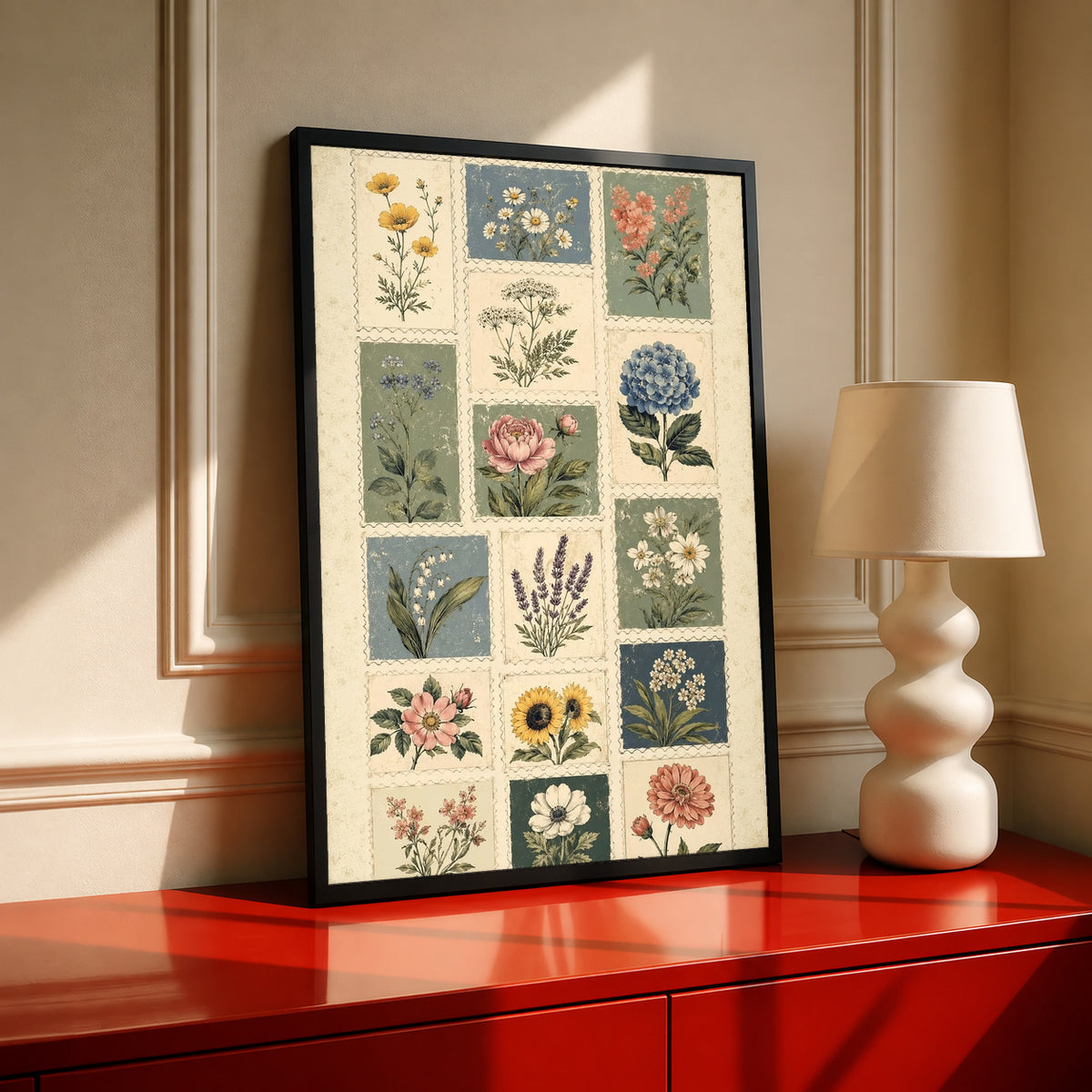 Patchwork of flower and leaf stamp style panels in sage blue pink and cream in a black frame on a red cabinet beside a cream lamp