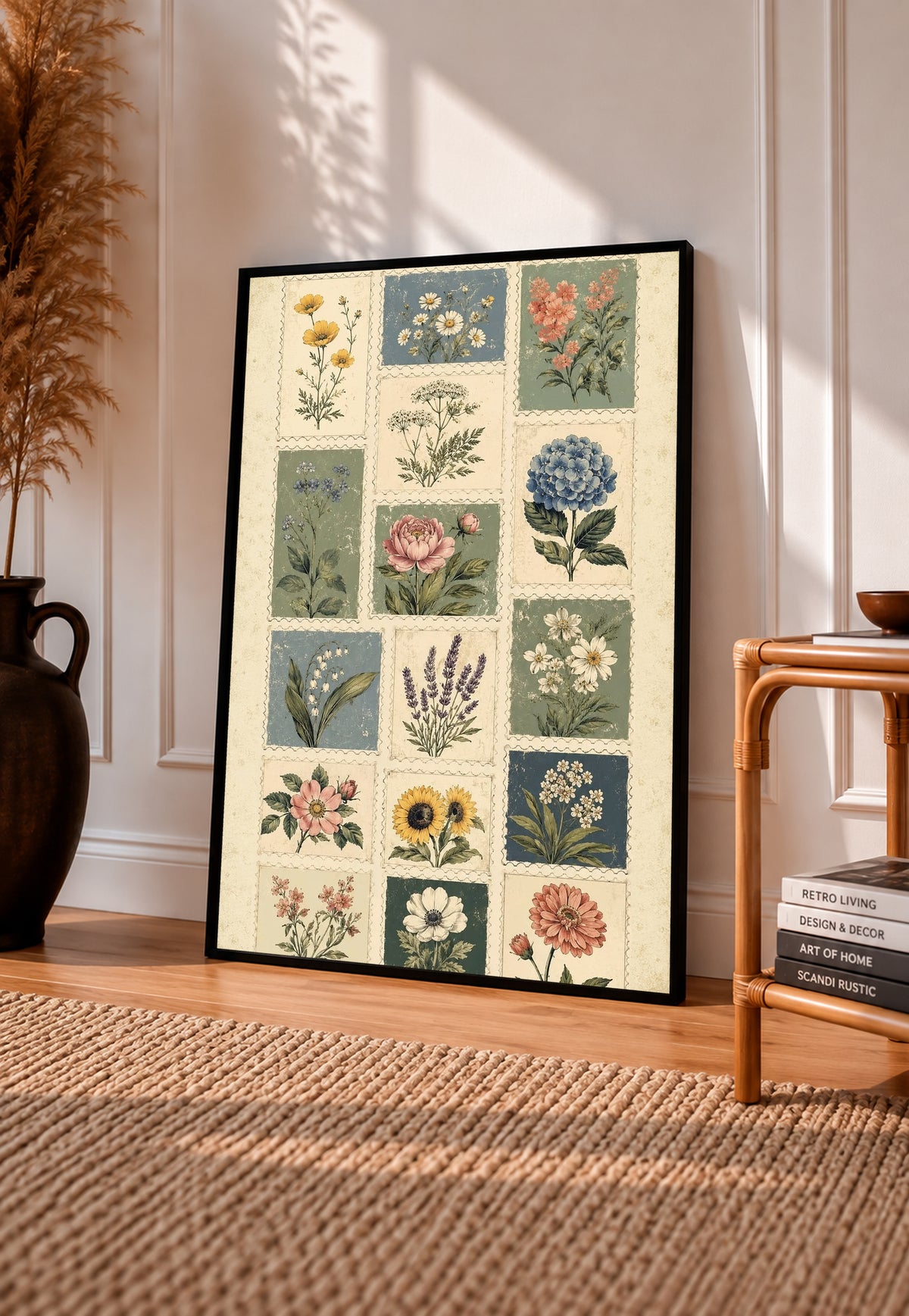 Patchwork of flower and leaf stamp style panels in sage blue pink and cream in a black frame leaning on a sunlit wooden floor beside books and a rattan seat