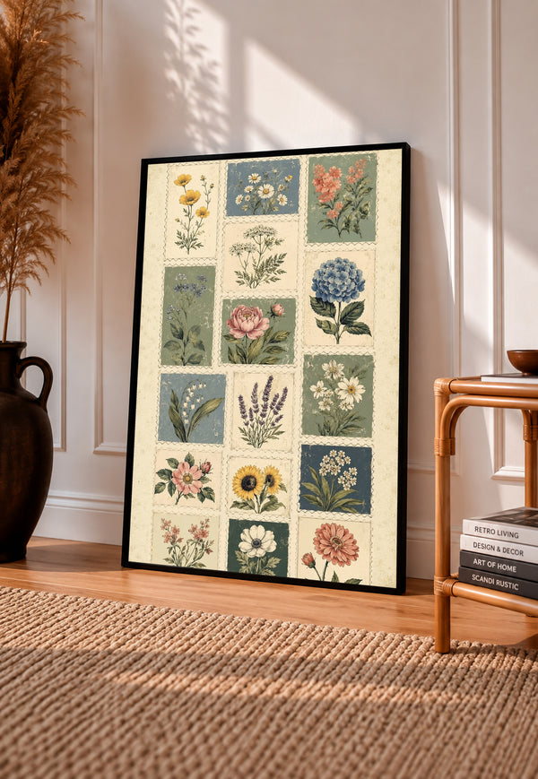 Patchwork of flower and leaf stamp style panels in sage blue pink and cream in a black frame leaning on a sunlit wooden floor beside books and a rattan seat