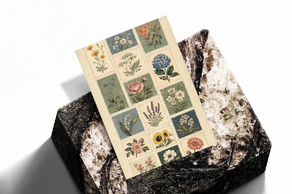 Patchwork of flower and leaf stamp style panels in sage blue pink and cream as an unframed print standing on a stone plinth against white