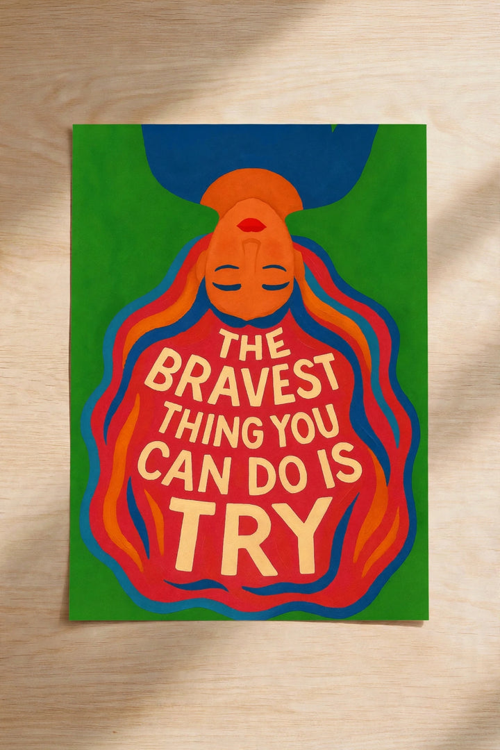 Green wall art poster with colorful bearded face and quote: BRAVEST THING YOU CAN DO