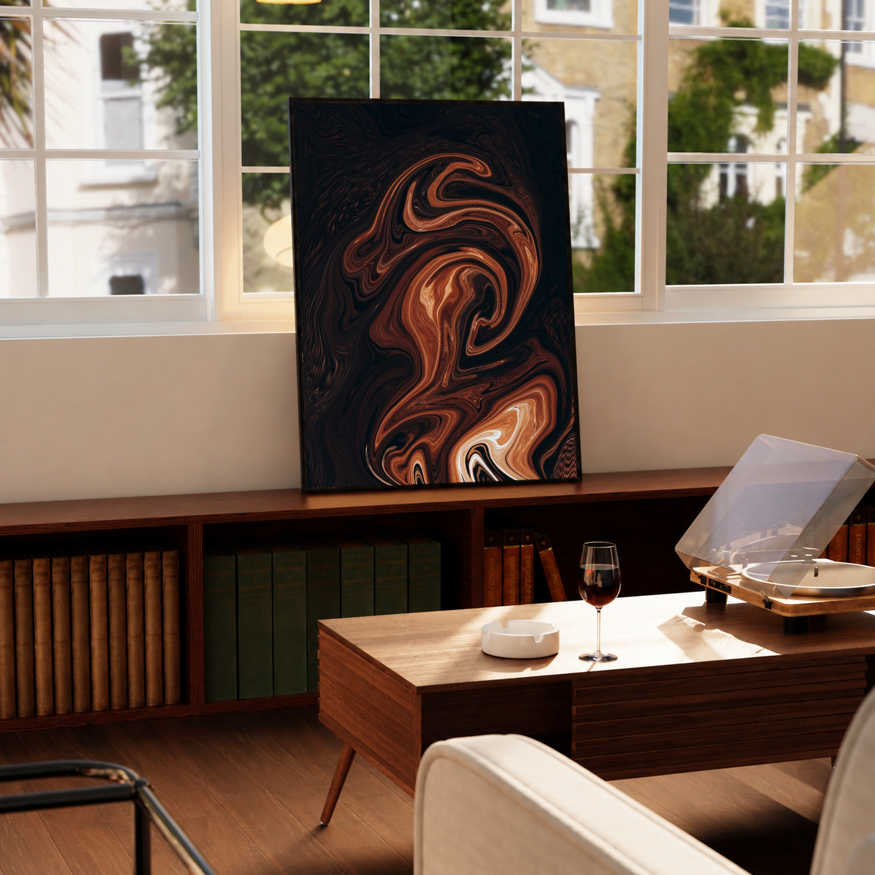 Marble abstract wall art print with caramel, black, and swirled fluid patterns