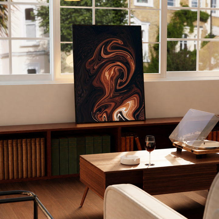 Brown Marble Abstract Wall Art in a black frame near a window and wooden table in a sunlit sitting room.
