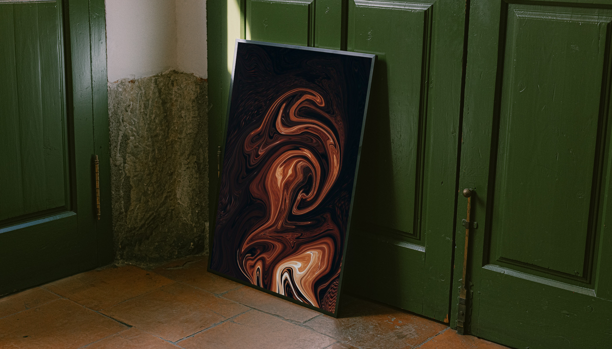 Brown Marble Abstract Wall Art shown as a canvas leaning beside green panels on a wooden floor.