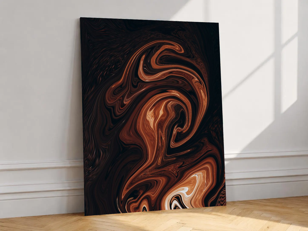 Canvas artwork depicting flowing marble-like swirls, leaning against a white wall in angled sunlight.