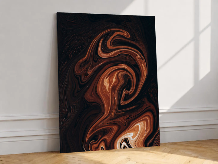 Canvas artwork depicting flowing marble-like swirls, leaning against a white wall in angled sunlight.