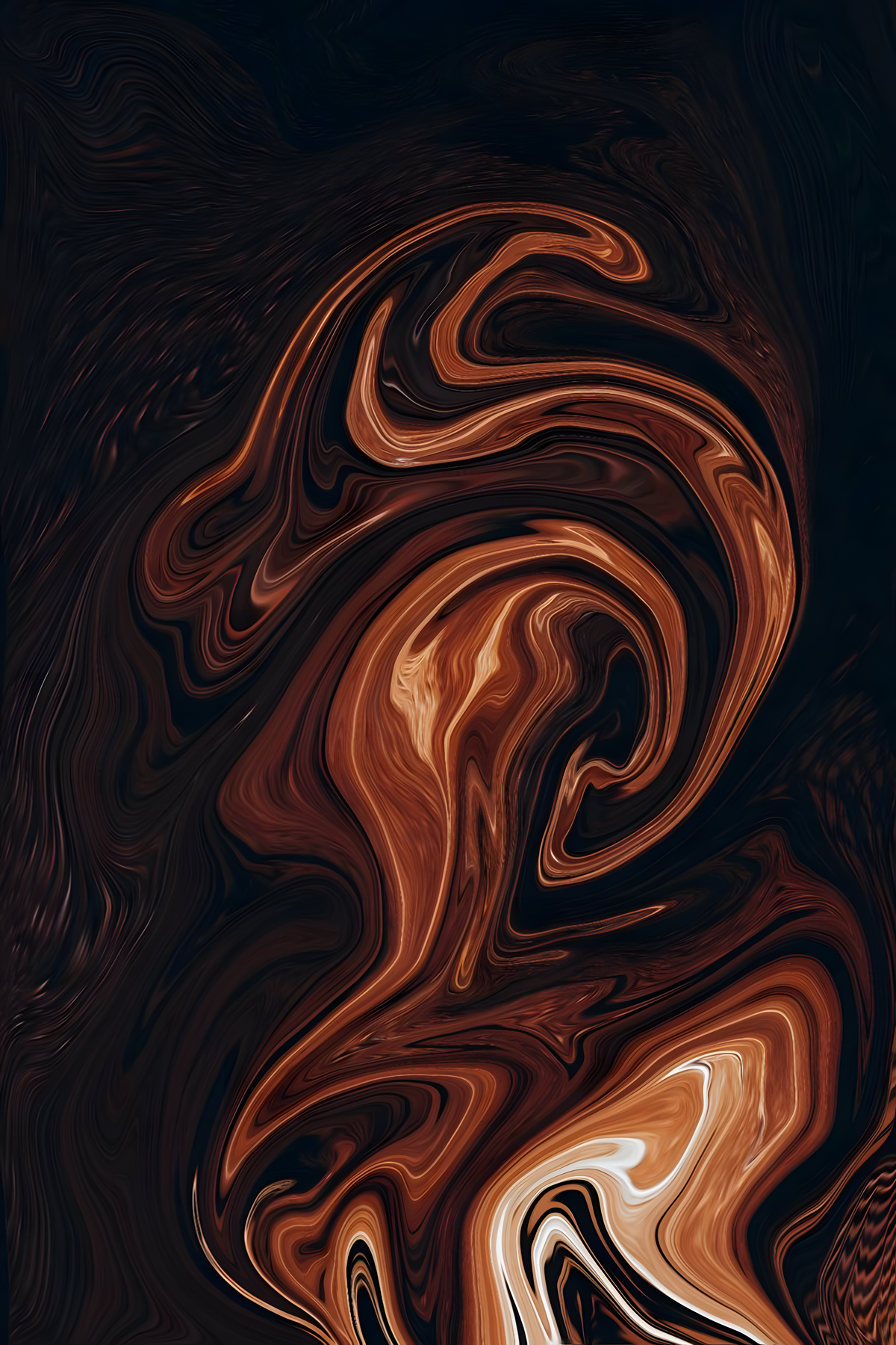 Flowing marble-like swirls in dark brown, black, caramel.