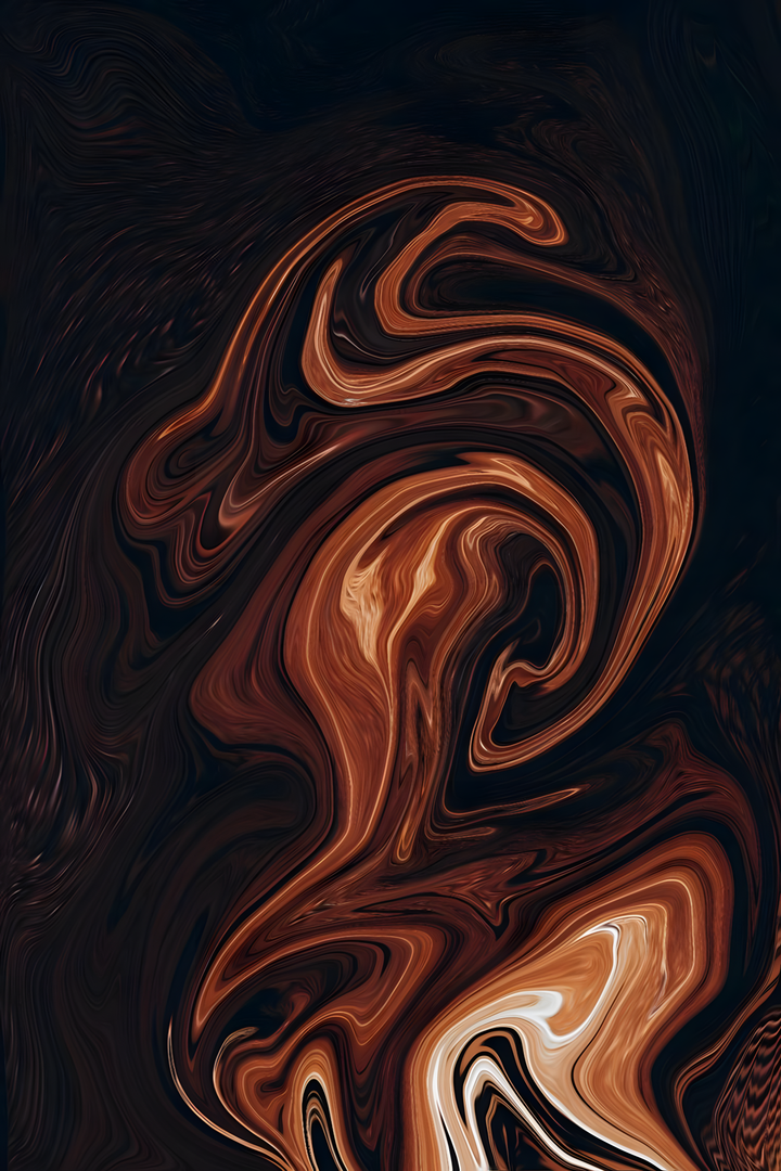 Flowing marble-like swirls in dark brown, black, caramel.