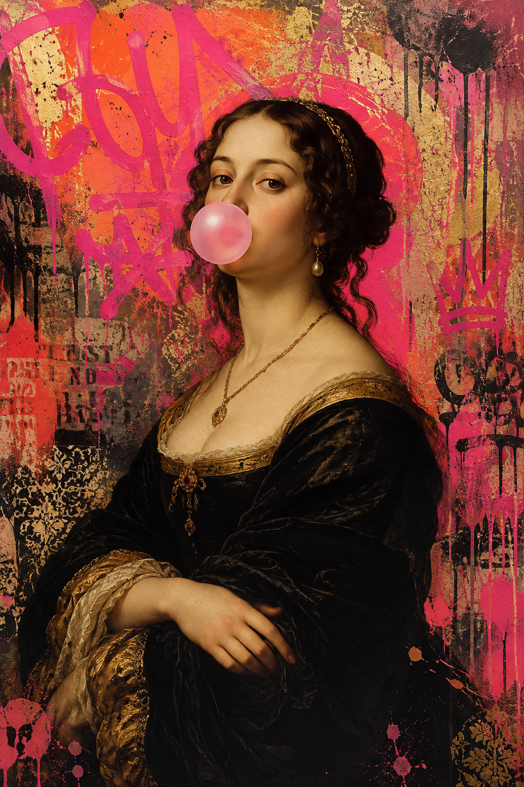 Close-up wall art portrait of Mona Lisa holding a pink bubble gum balloon