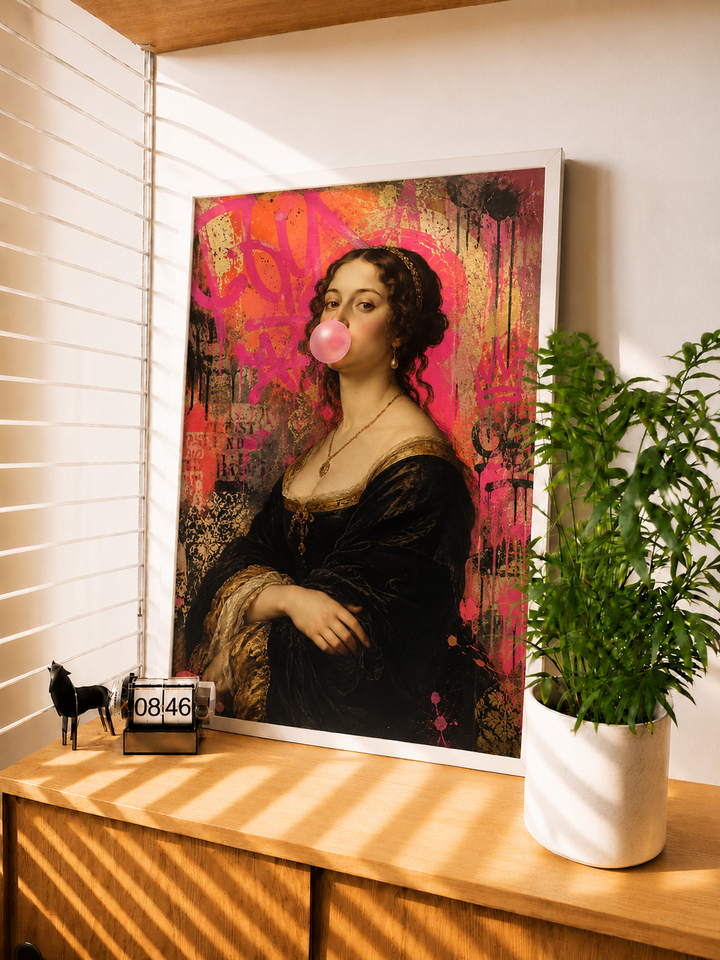 Framed wall art of Mona Lisa with pink bubble gum balloon, black dress portrait