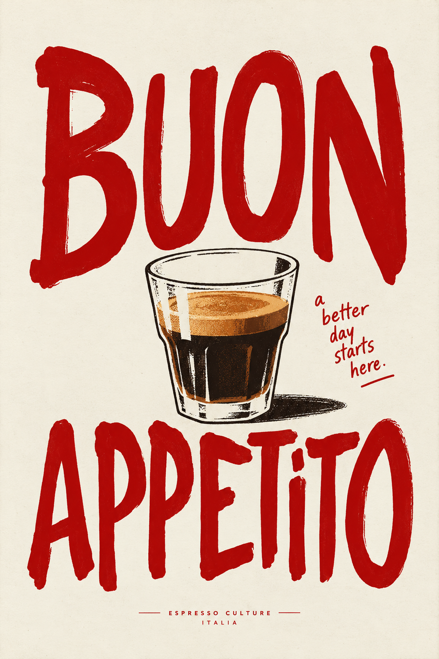 Buon Appetito espresso kitchen wall art poster with bold red Italian typography