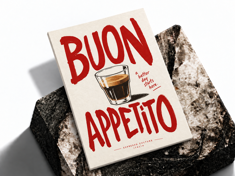 Buon Appetito espresso poster shown as a premium art print mockup