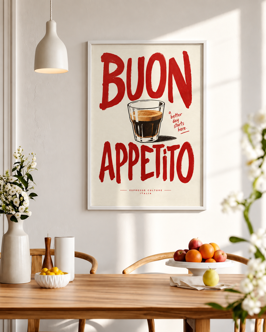Buon Appetito espresso wall art displayed in a bright modern kitchen