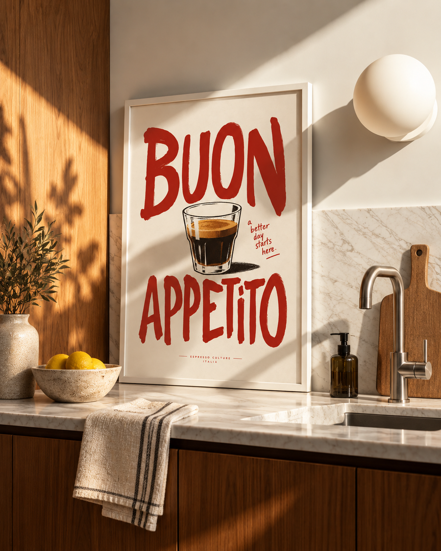 Buon Appetito Italian kitchen wall art styled in a warm dining interior