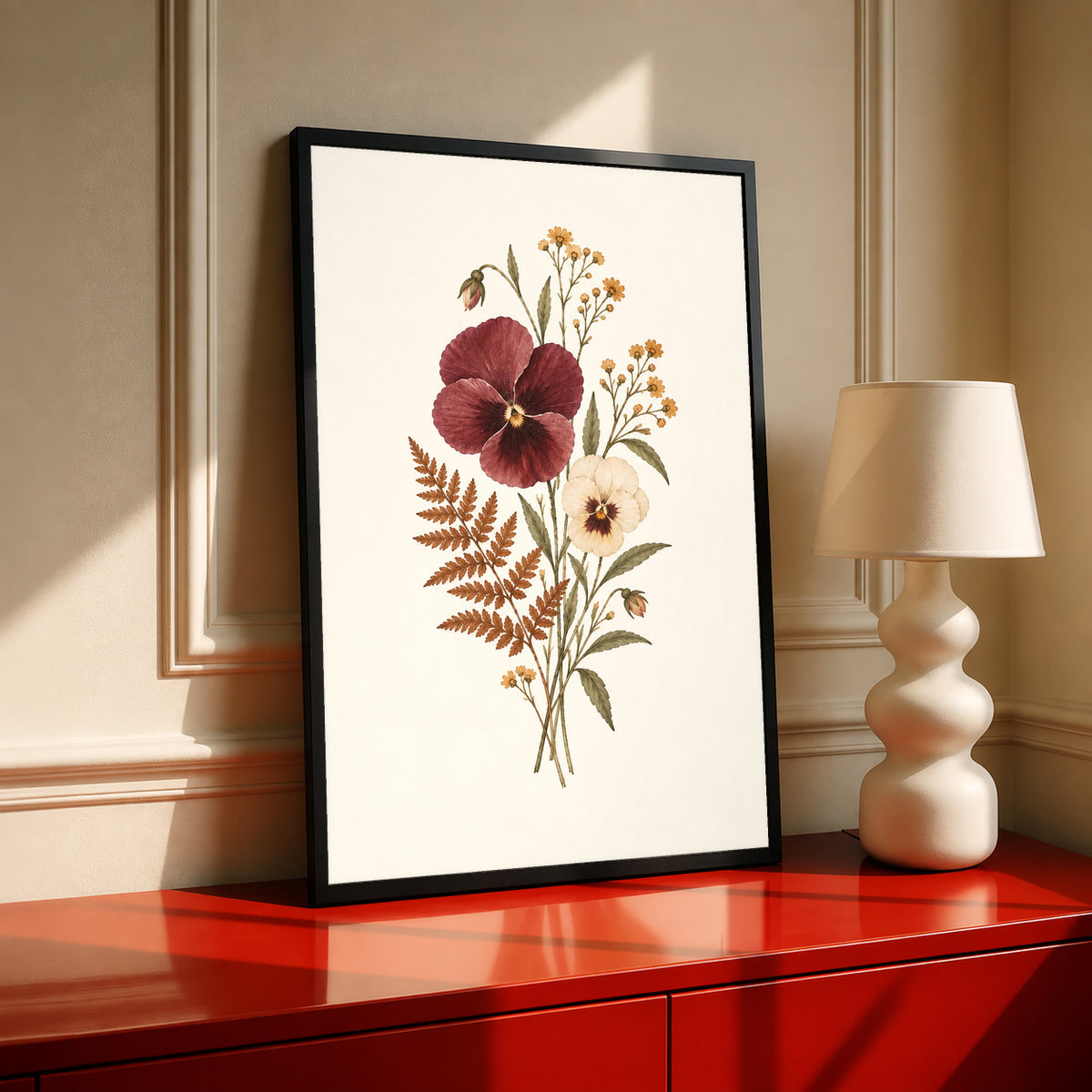 Burgundy and cream pansies with rust fern leaves and small golden flowers in a black frame on a red cabinet beside a cream lamp