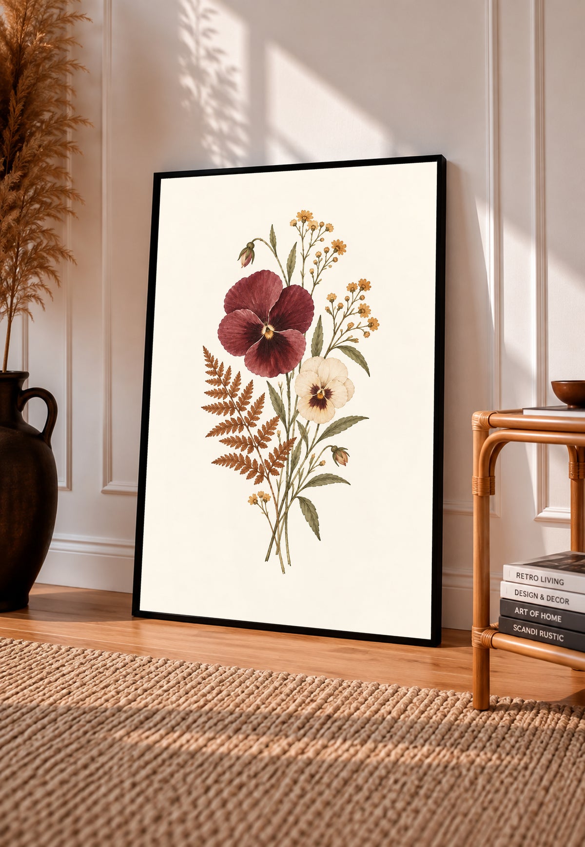 Burgundy and cream pansies with rust fern leaves and small golden flowers in a black frame leaning on a sunlit wooden floor beside books and a rattan seat