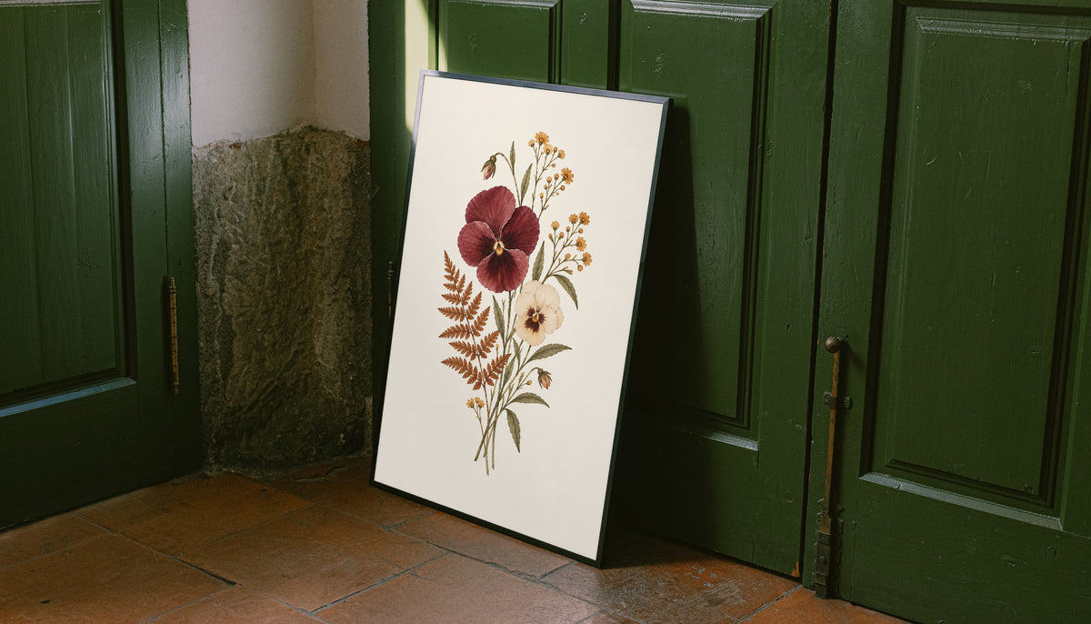 Burgundy and cream pansies with rust fern leaves and small golden flowers as an unframed print leaning against a green panelled door