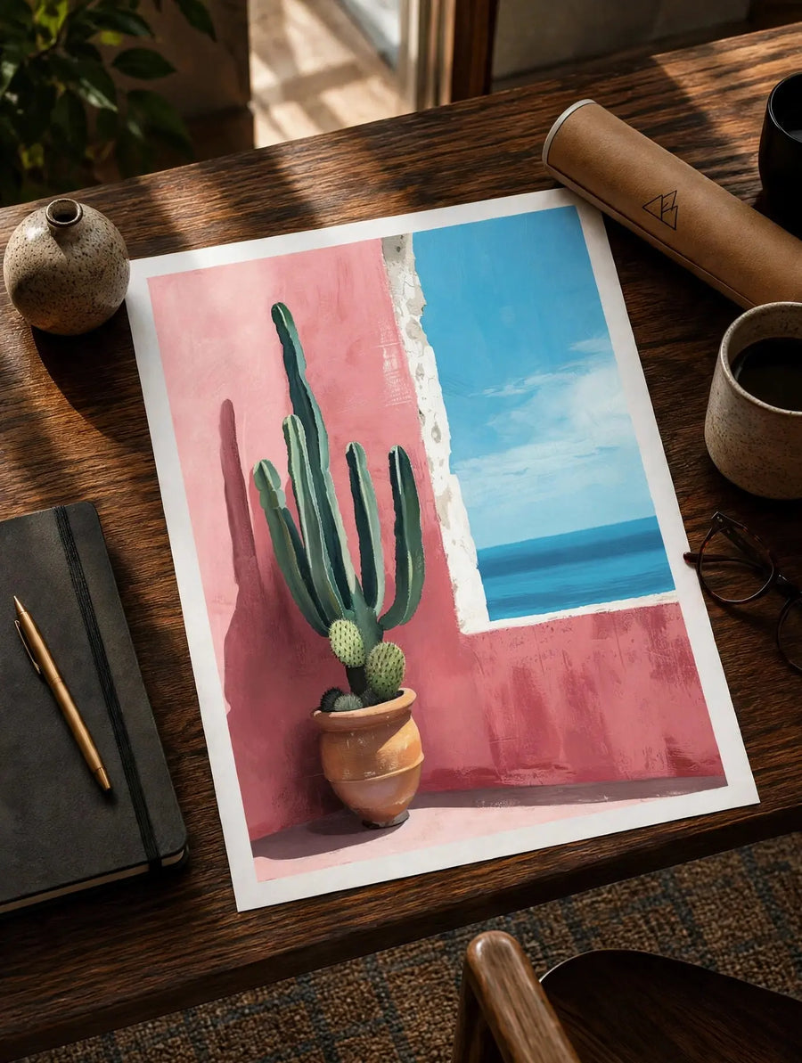 Cactus print on paper: green cactus in terracotta pot with blue window