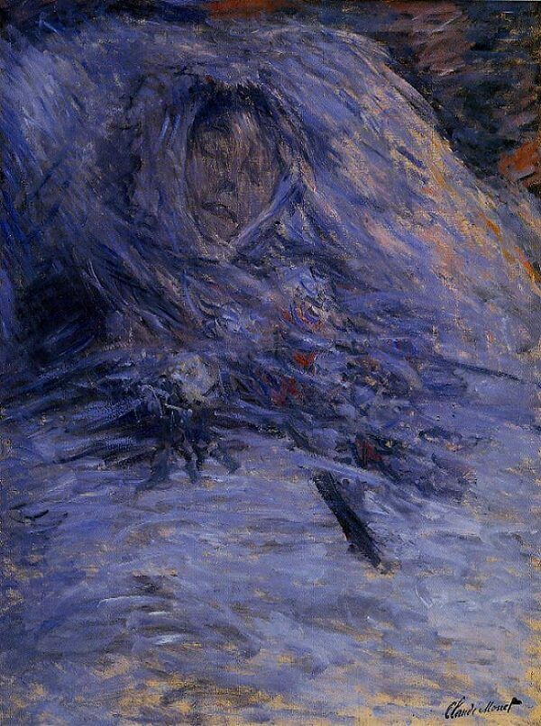 Monet figurative art print close-up, blue impasto paint textures and dark diagonal stroke