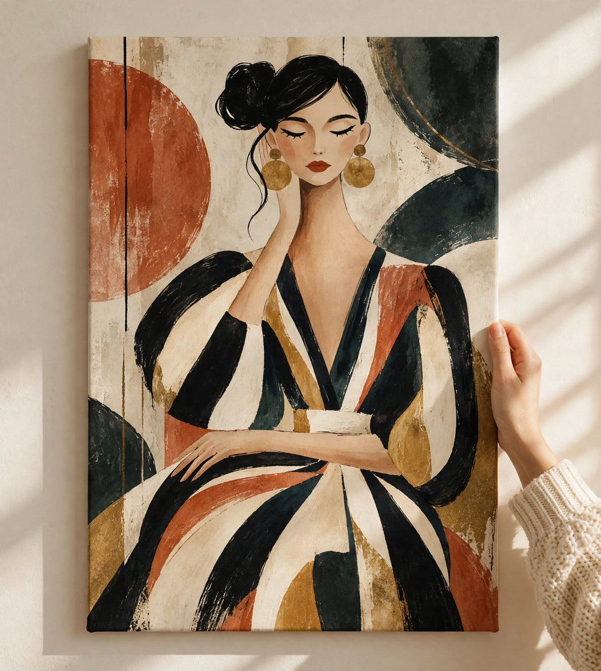 Abstract Woman Art Print shown as an unframed artwork with black, cream and terracotta abstract forms