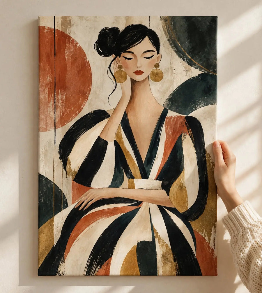 Abstract Woman Art Print shown as an unframed artwork with black, cream and terracotta abstract forms