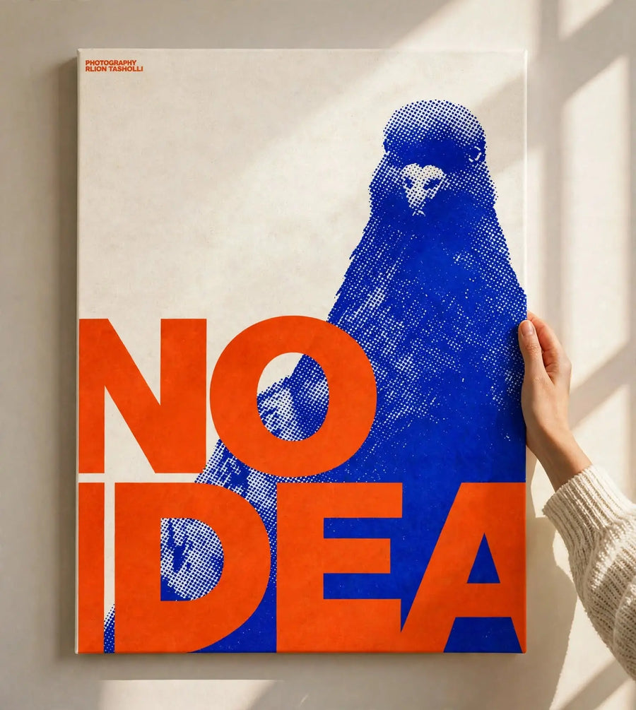 No Idea Pigeon Pop Art Print shown as an unframed poster with oversized orange NO IDEA typography and a vivid blue pigeon
