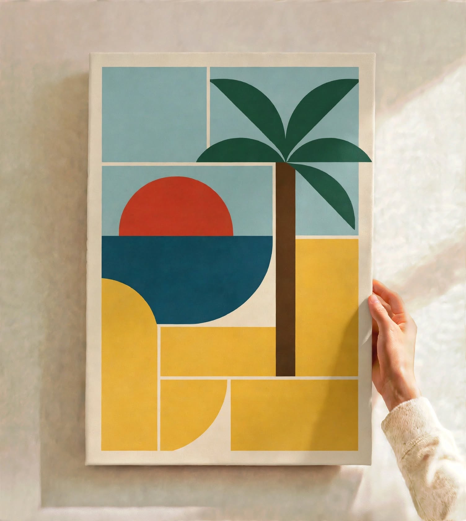 Bauhaus Tropical Art Print styled as geometric sunset wall art for a bright contemporary living space