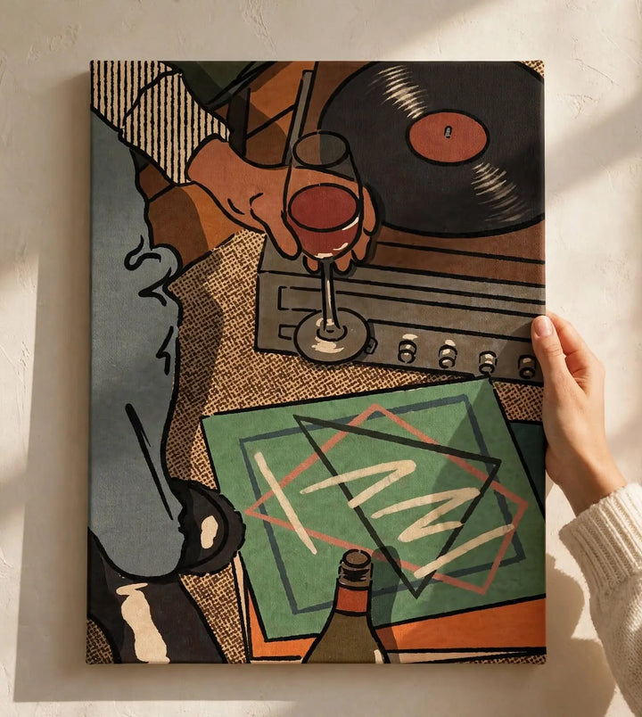 Vintage music wall art poster with vinyl records, microphone, and bold geometric shapes