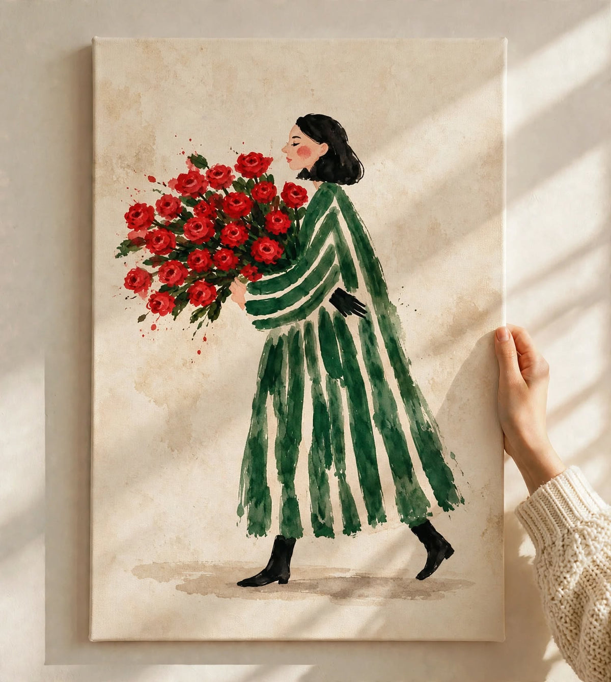 Flower Woman Watercolor Art Print held against a bright wall with soft natural sunlight across the artwork