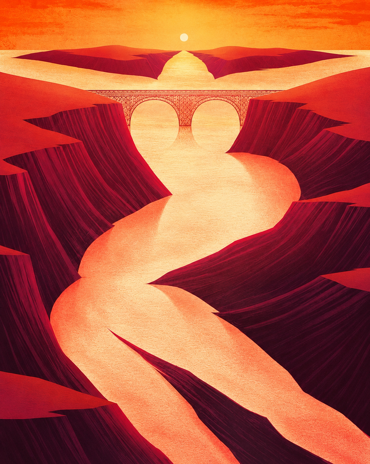 Illustrated warm red-orange canyon and winding river leading toward a small two-arched bridge beneath a low sun.