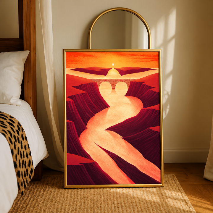 Sunset canyon, river and arched bridge wall art displayed in styled interior view 2