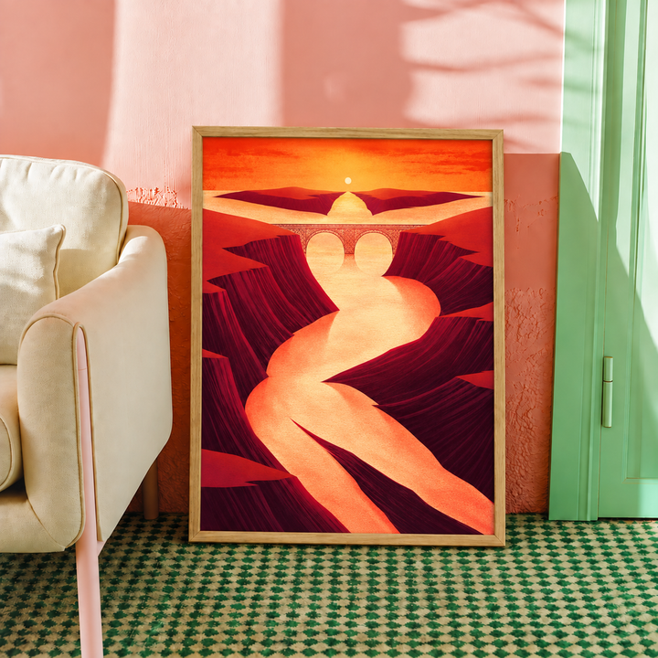 Sunset canyon, river and arched bridge wall art displayed in styled interior view 3
