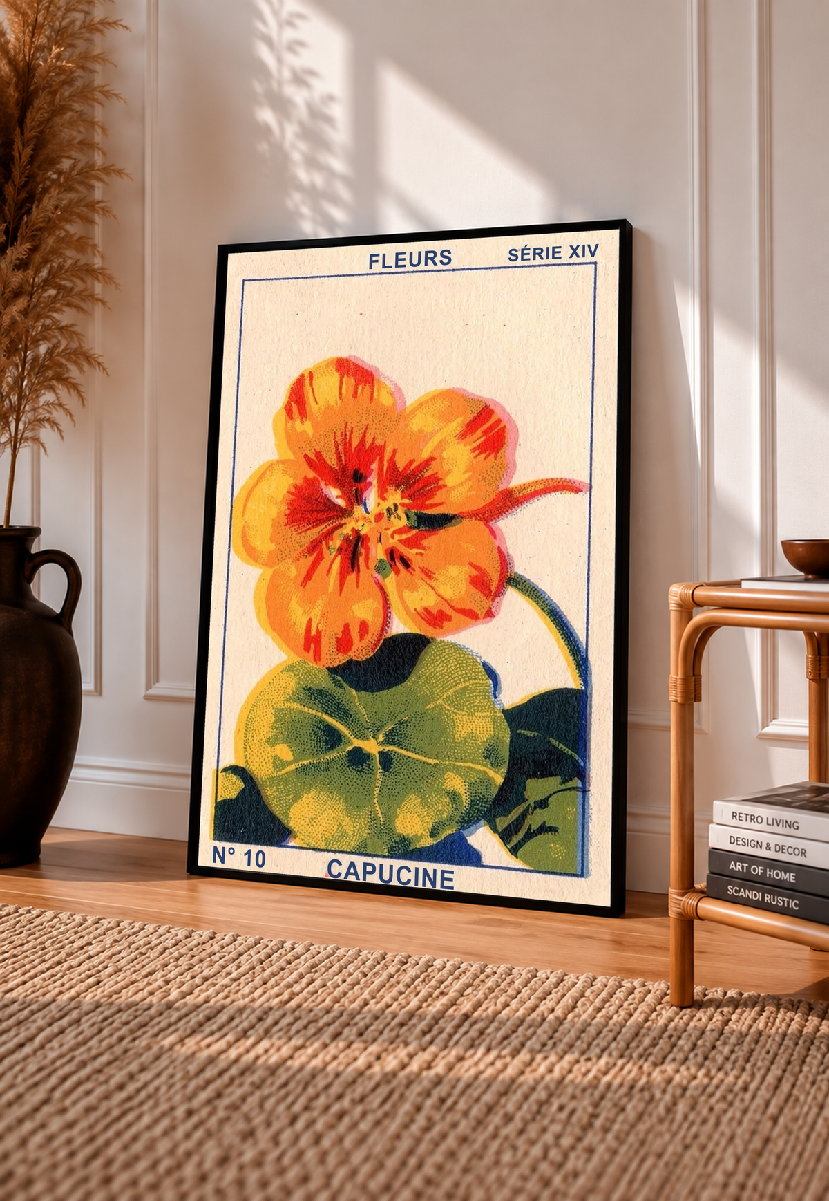 Black-framed floral poster with orange capucine flower and green leaves, simple border.