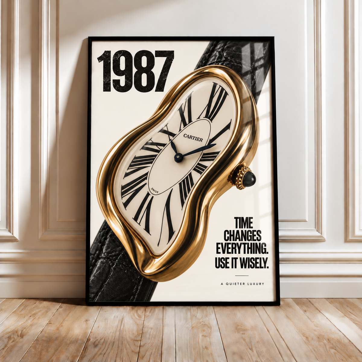 Cartier 1987 melting clock wall art poster in black frame, gold swirled clock