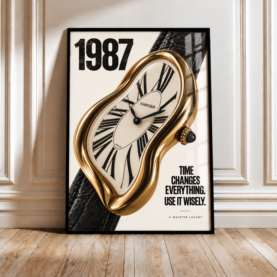 Cartier 1987 melting clock wall art poster in black frame, gold swirled clock