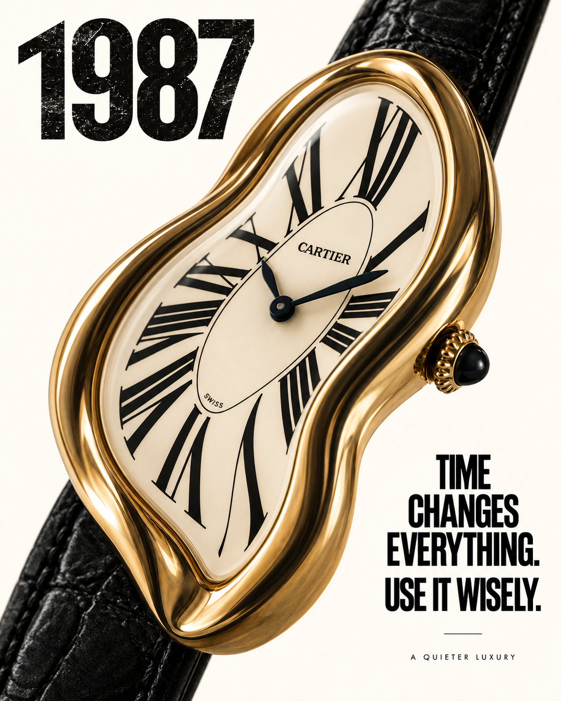 Cartier 1987 melting clock luxury wall art poster with gold clock and black accents