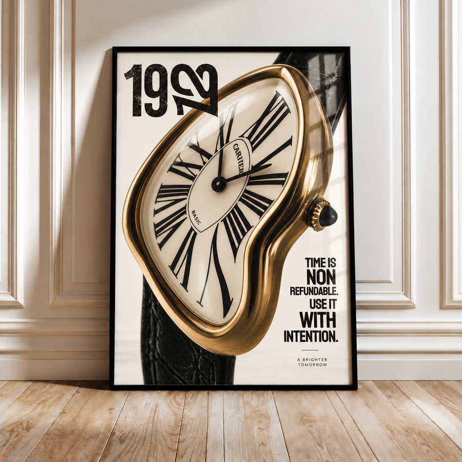 Framed luxury wall art poster showing a gold melting clock over a black-and-white dial