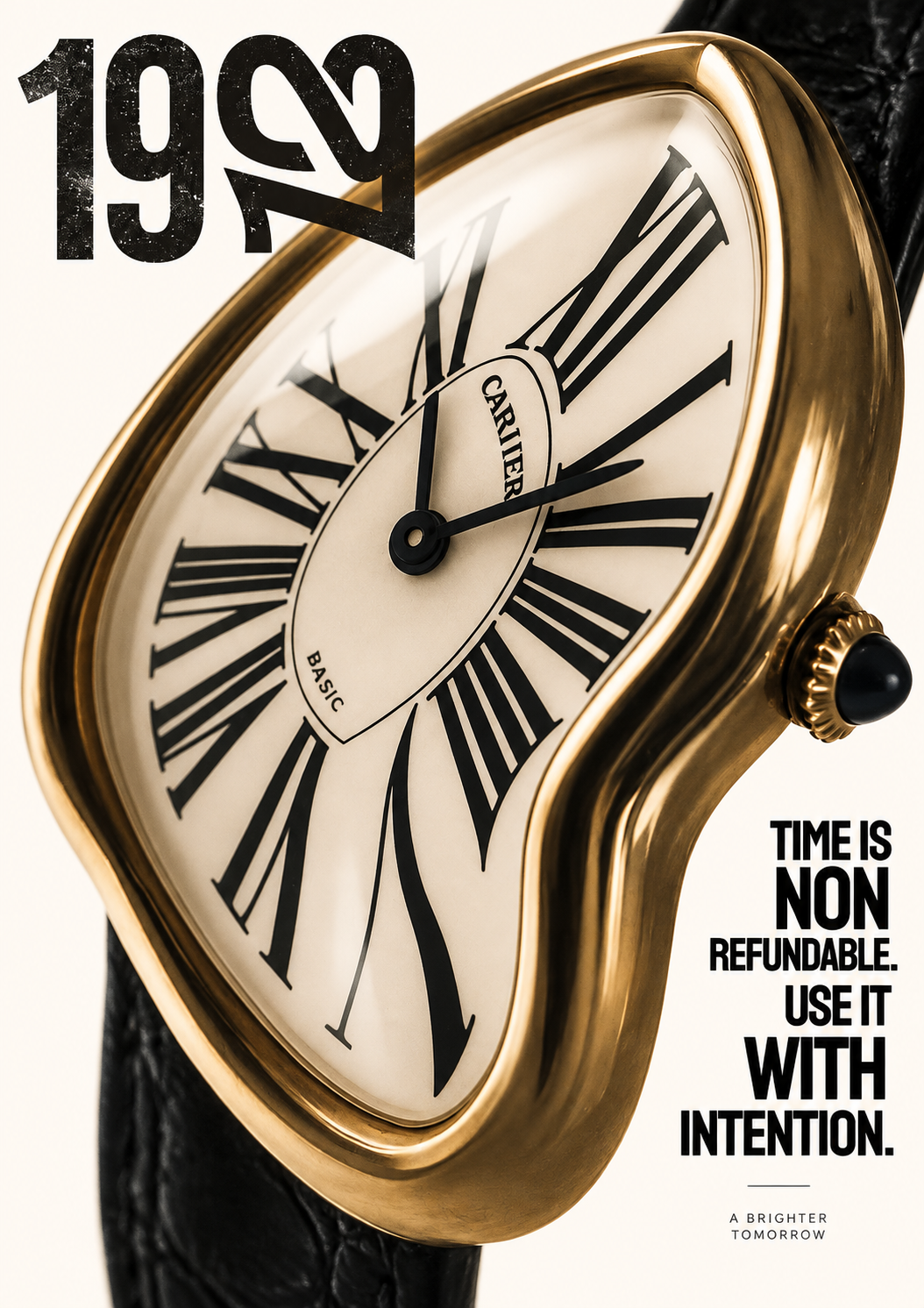 Luxury wall art poster featuring a gold melting clock with black Roman-style hands