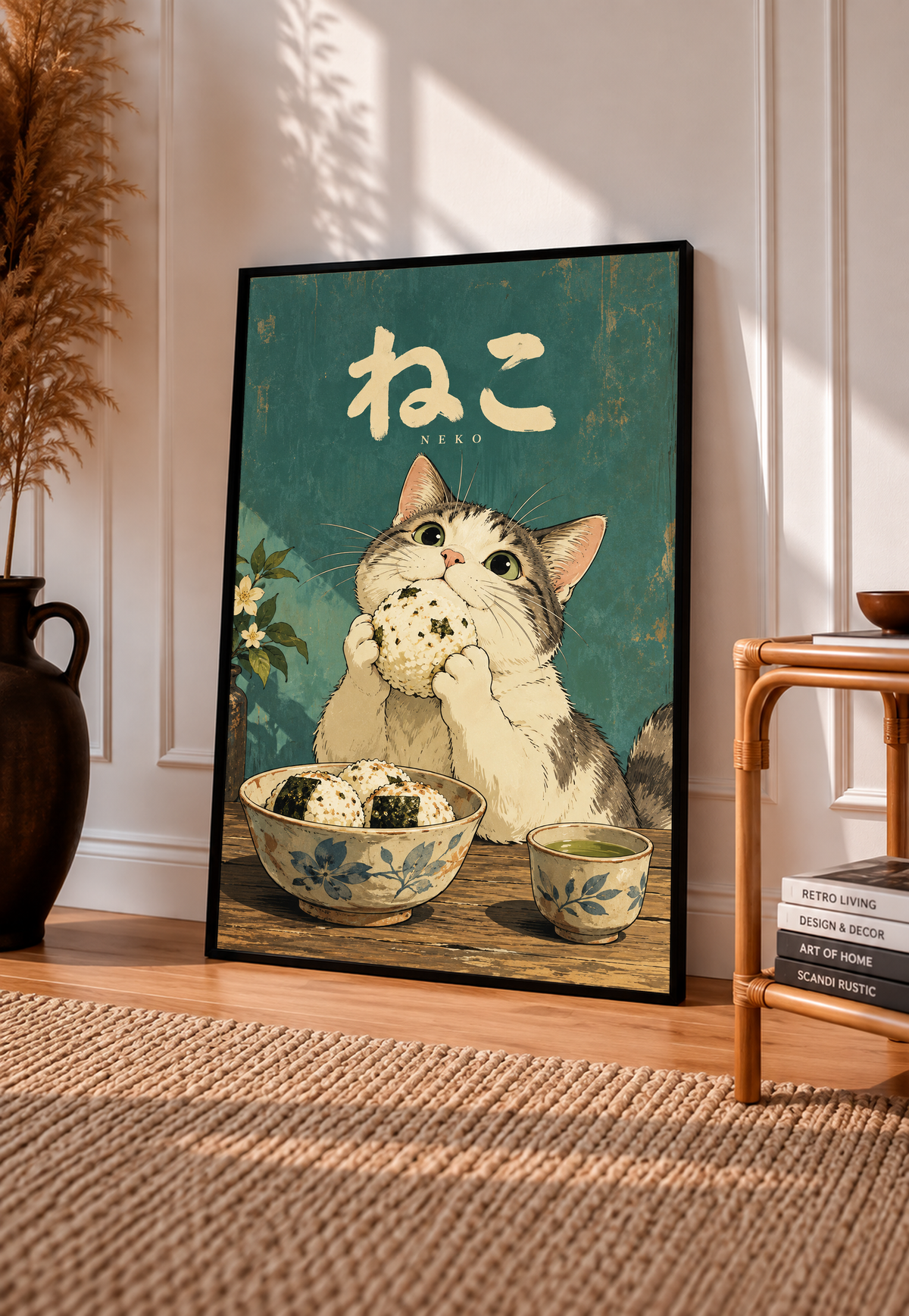 Vertical green cat poster in a frame, Japanese “NEKO” lettering above kitten holding onigiri.