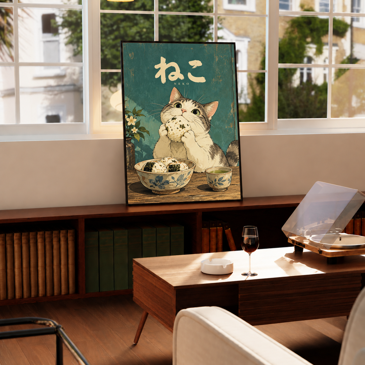 Framed green cat poster with Japanese “NEKO” lettering, kitten holding onigiri beside cups.