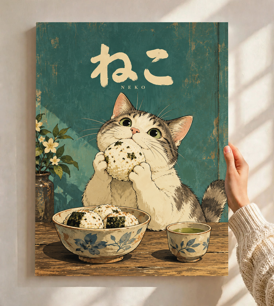Green cat poster with Japanese “NEKO” lettering, kitten holding onigiri, framed.
