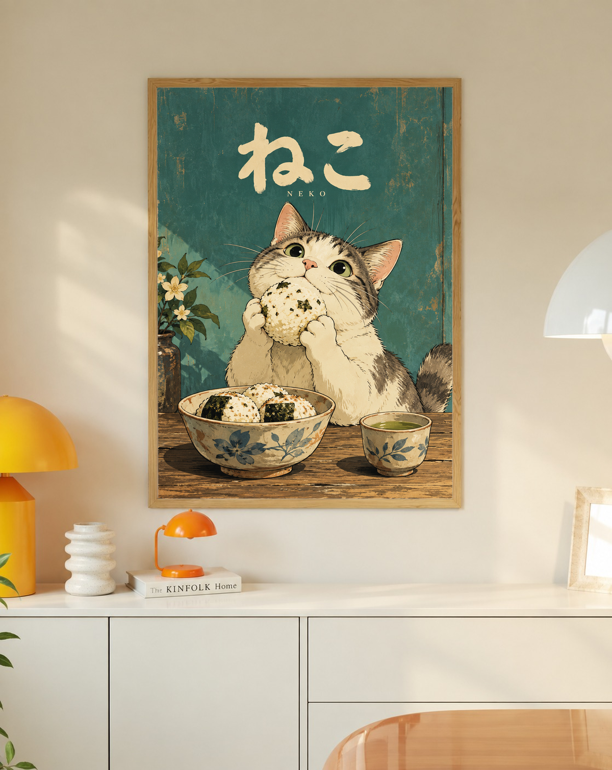 Framed green cat poster with Japanese “NEKO” text, kitten with onigiri over bowls.