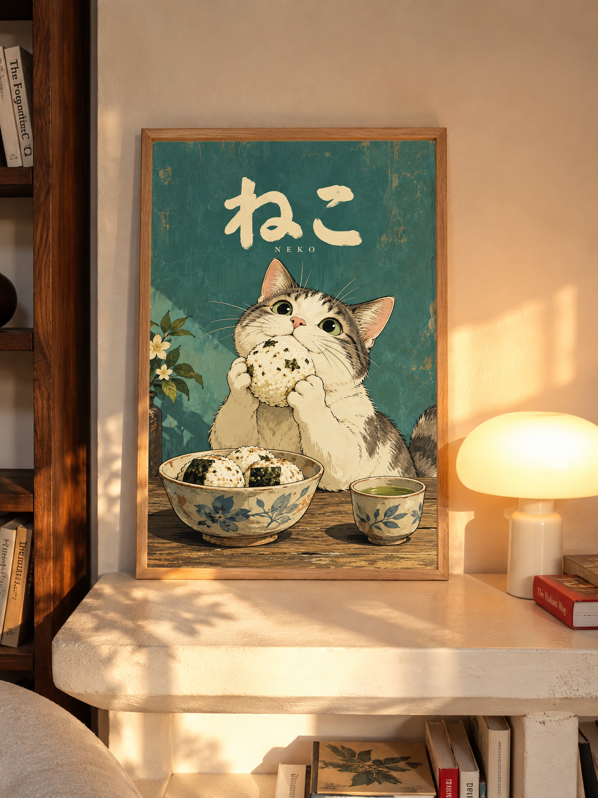 Green cat poster with Japanese “NEKO” lettering, kitten holding onigiri, shown in frame.