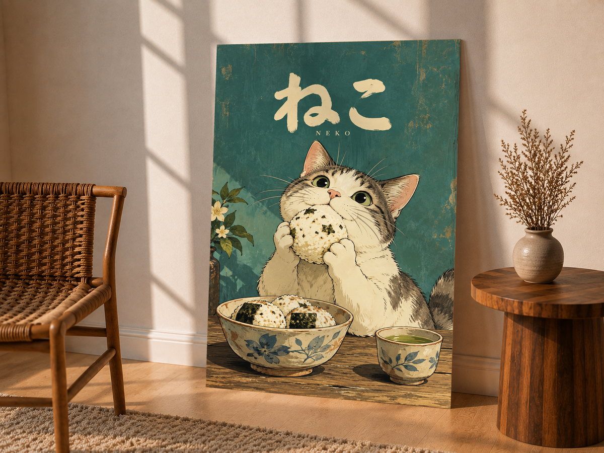 Cat eating onigiri poster with Japanese NEKO lettering and green background